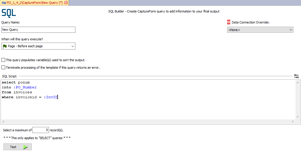 The S Q L builder. The completed query is at the bottom, and the green test button is in the upper left corner.